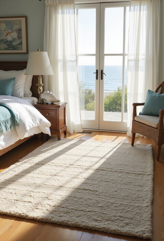 coastal rug enhances bedroom style