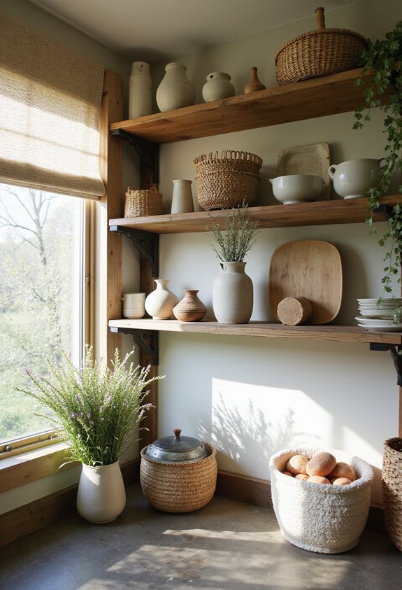 nature filled open shelving displays