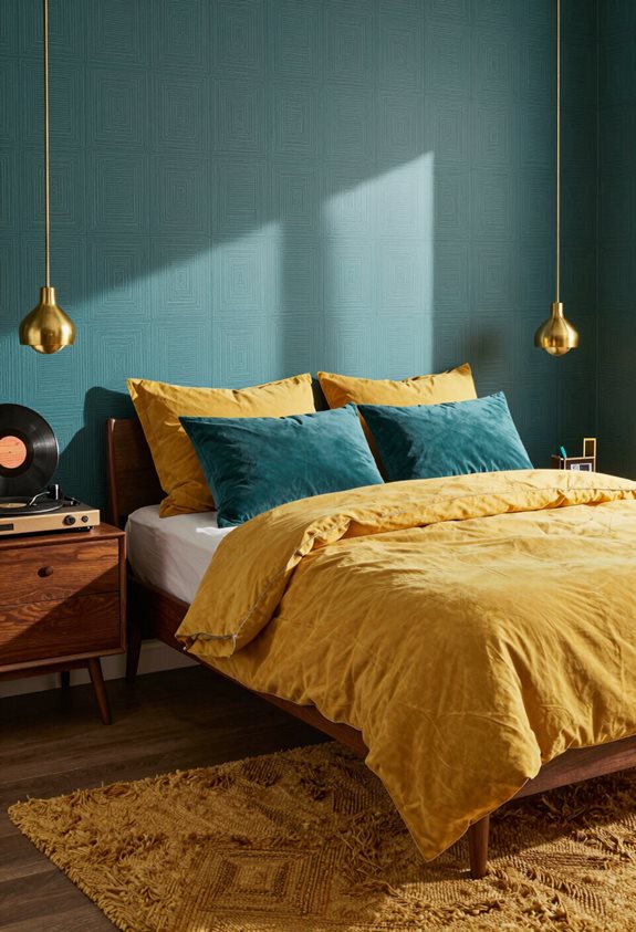 teal and mustard bedroom design