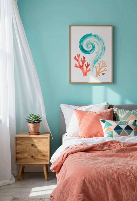 vibrant turquoise and coral