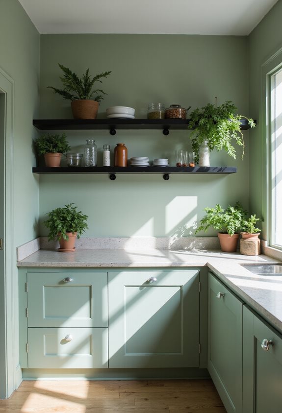 black shelves sage walls