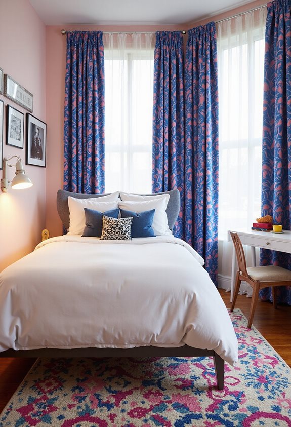 bold patterned curtains and pillows