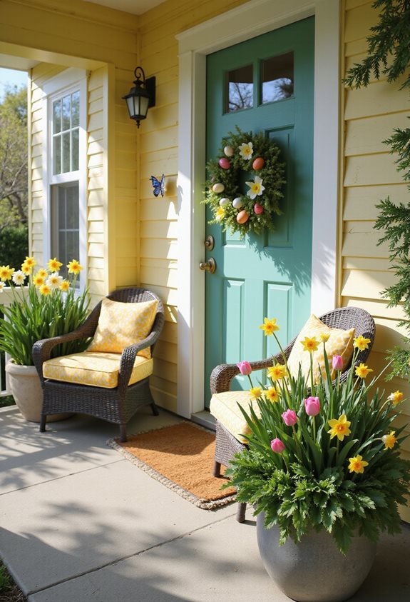 colorful spring porch planters
