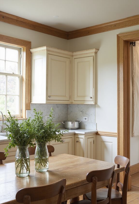 oak trim enhances white kitchens