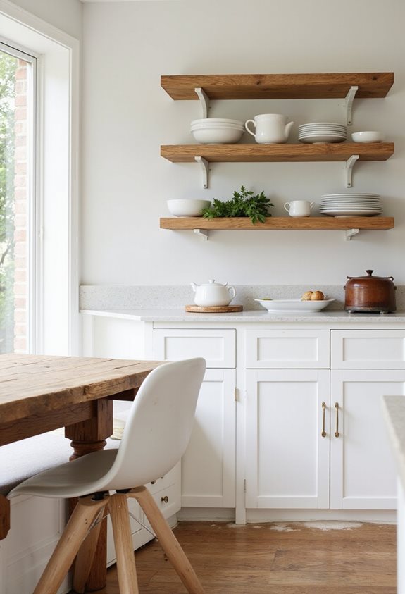 open shelves white walls