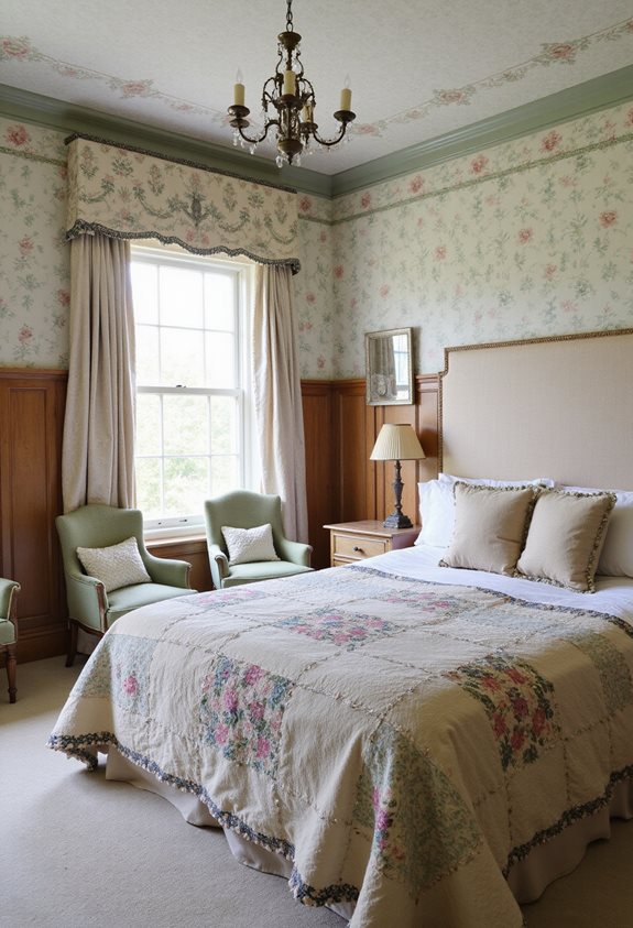 patterned wallpaper and chair rails