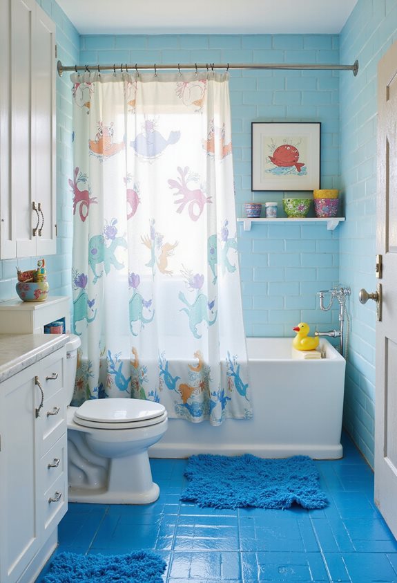 playful blue and white bathroom