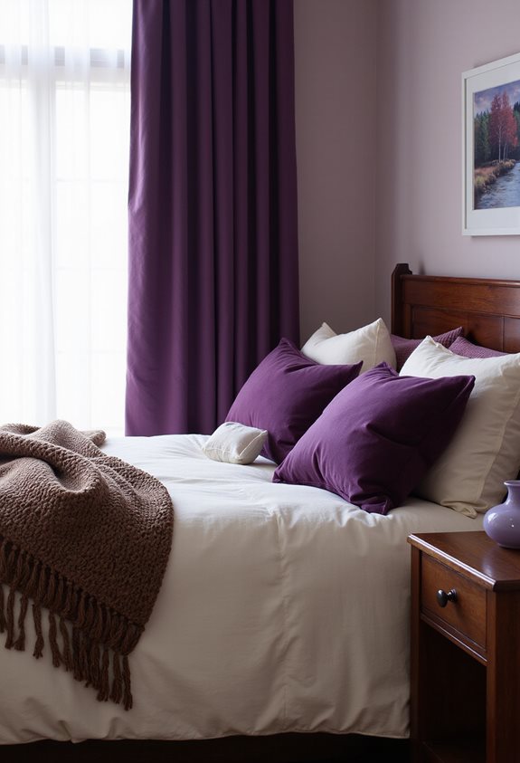 purple fabrics brown wood