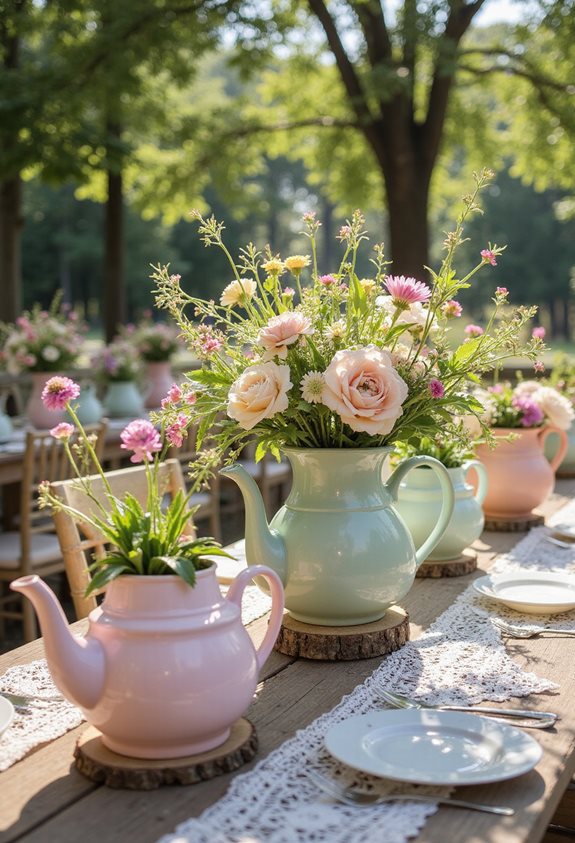 repurposed teapots as vases