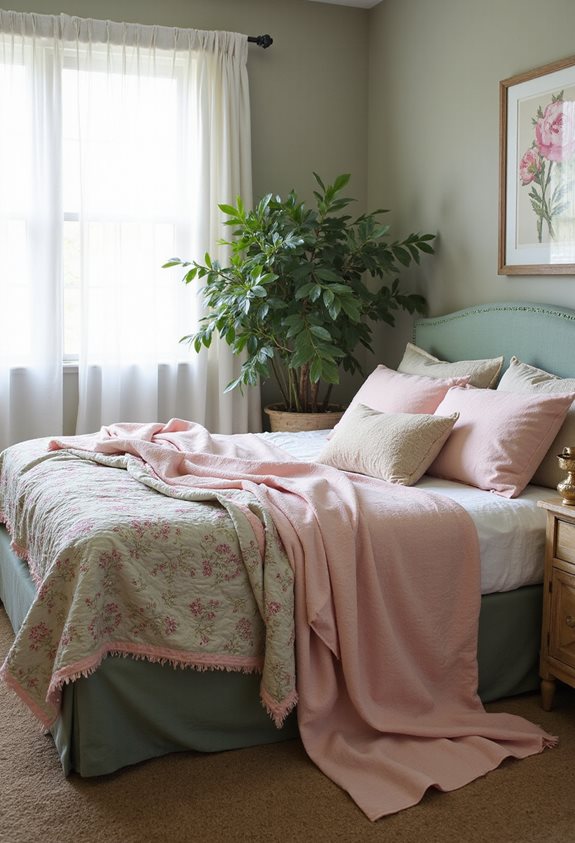 sage green and pink textiles