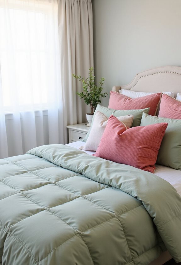 sage green bedding pink pillows