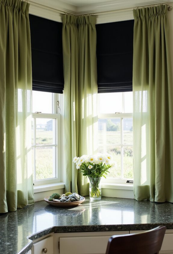 sage green black window treatments