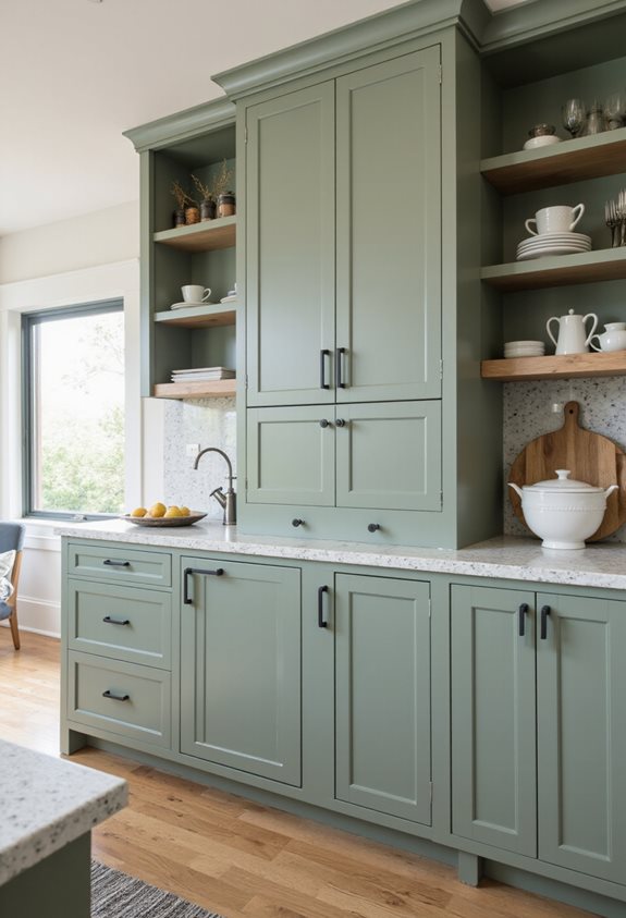 sage green cabinets contrast handles