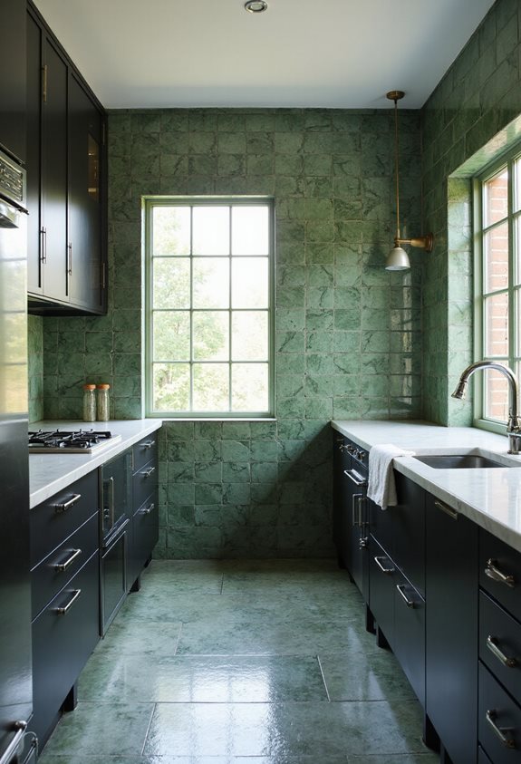 sage green tiles black grout