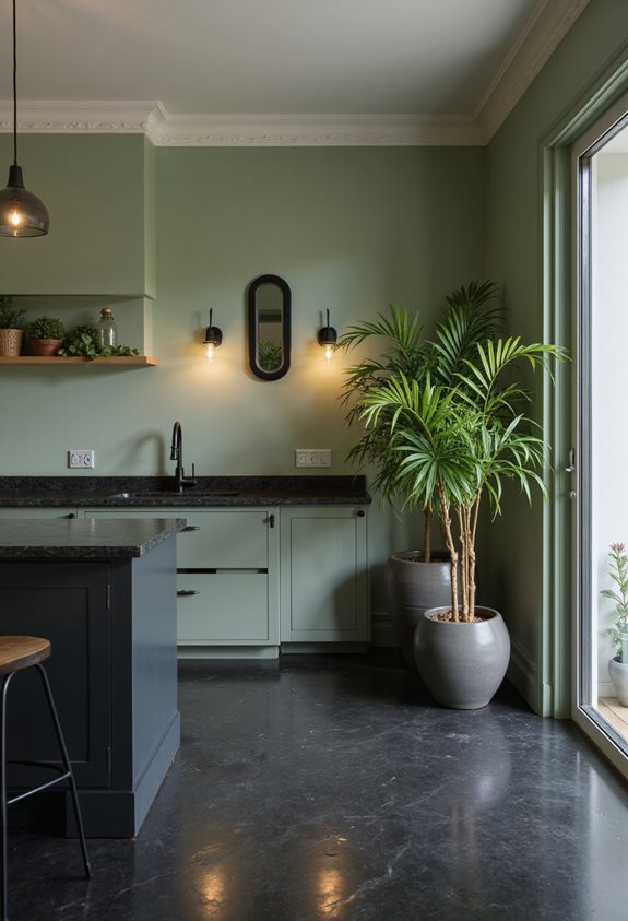 sage walls black flooring