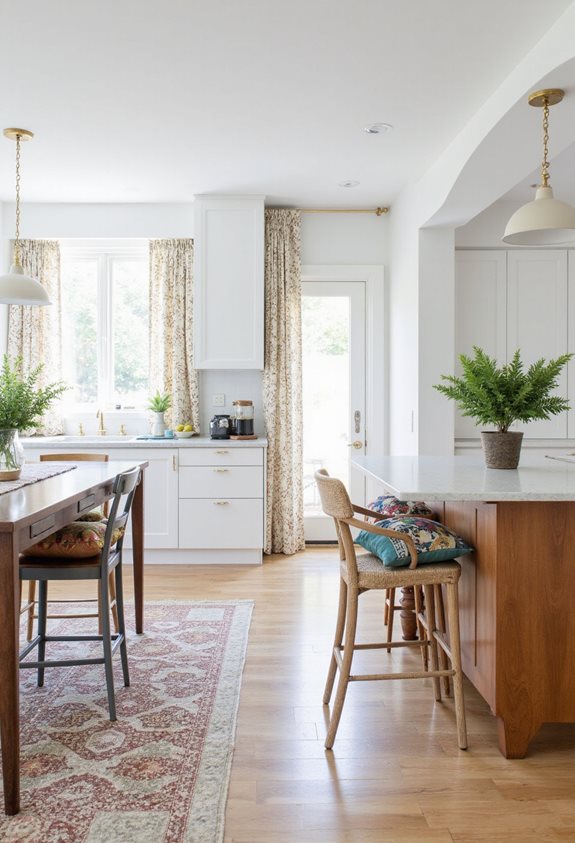 textiles brighten white kitchens