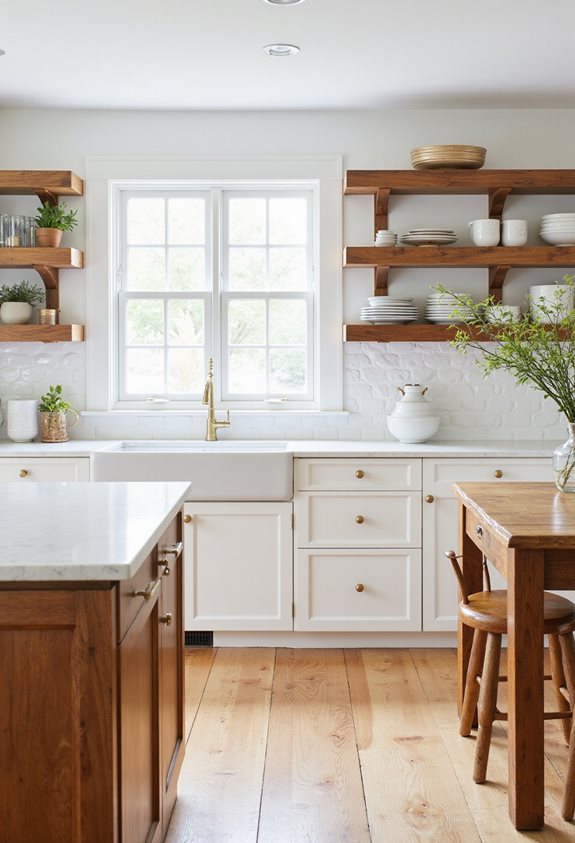 white kitchen wood tones