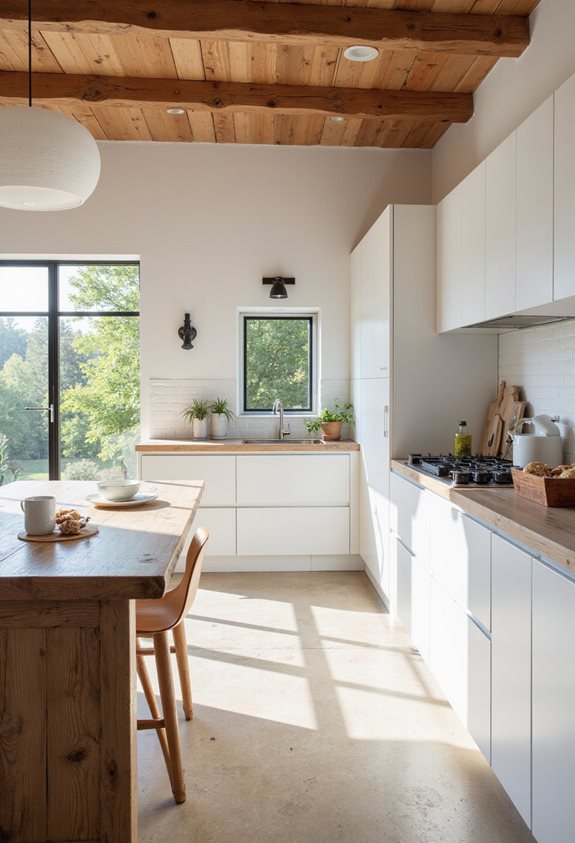 wooden beams white walls