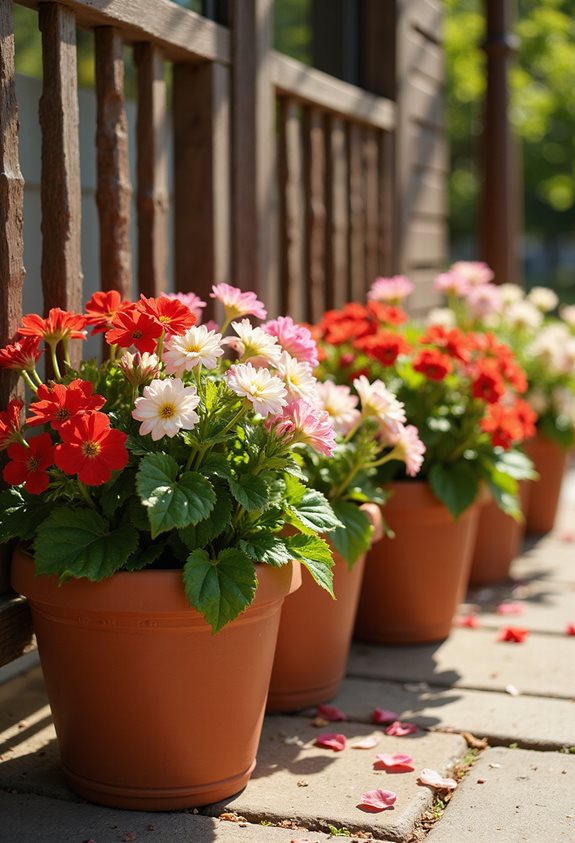 bright geraniums in terracotta