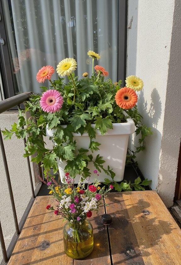 bright gerbera daisies balcony