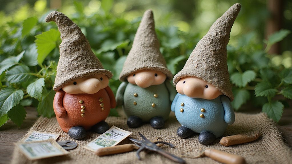 cheerful garden gnome trio