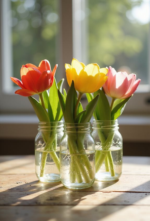 colorful tulip jar arrangement