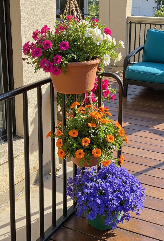 hanging baskets of petunias and lobelia
