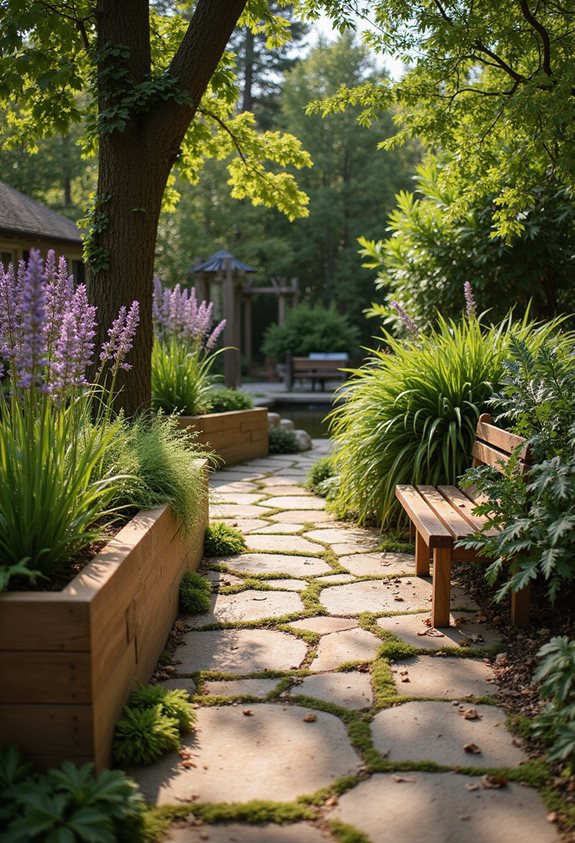 lush pathway with planters