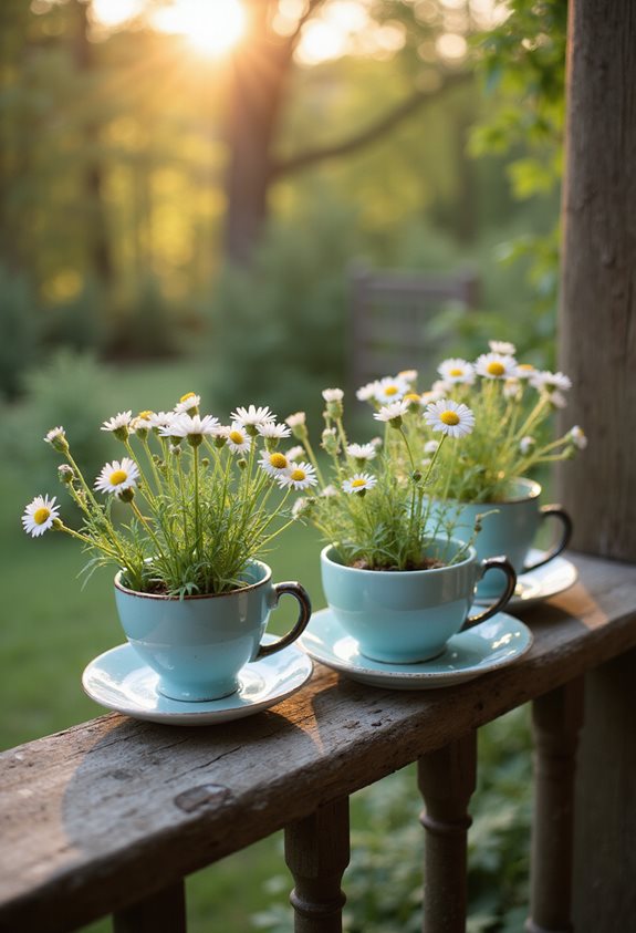 mini daisies in teacups