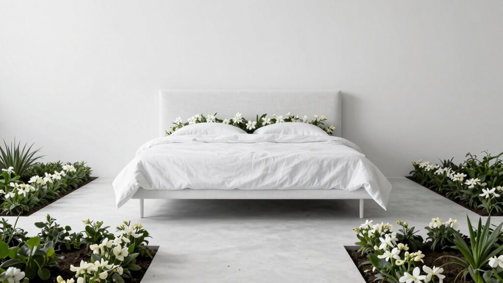 monochrome garden with white blossoms