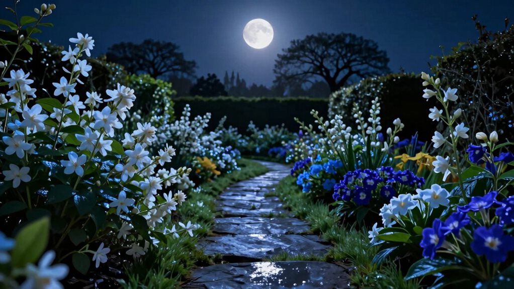 moonlit garden with luminous blossoms