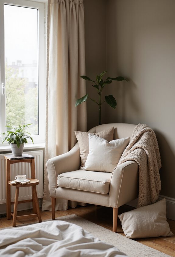neutral plush reading nook