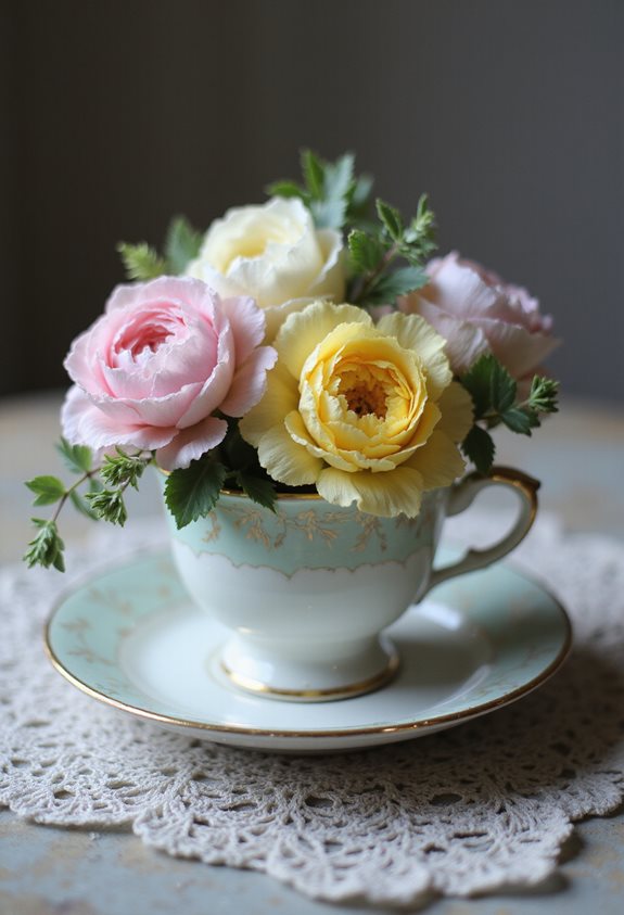 pastel flowers in teacup