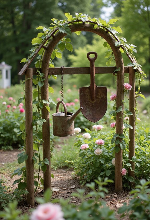 repurposed garden tool trellis
