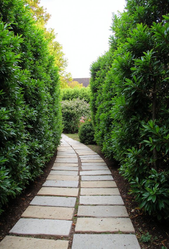 boxwood lined stone pathway