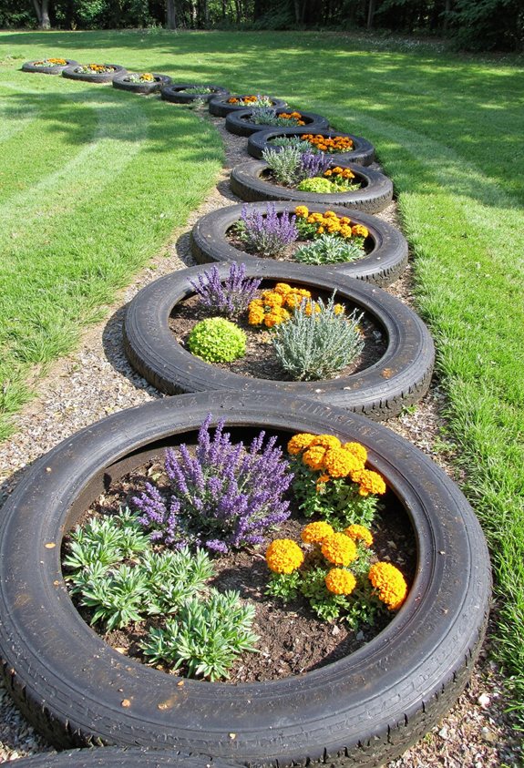colorful tire garden pathway