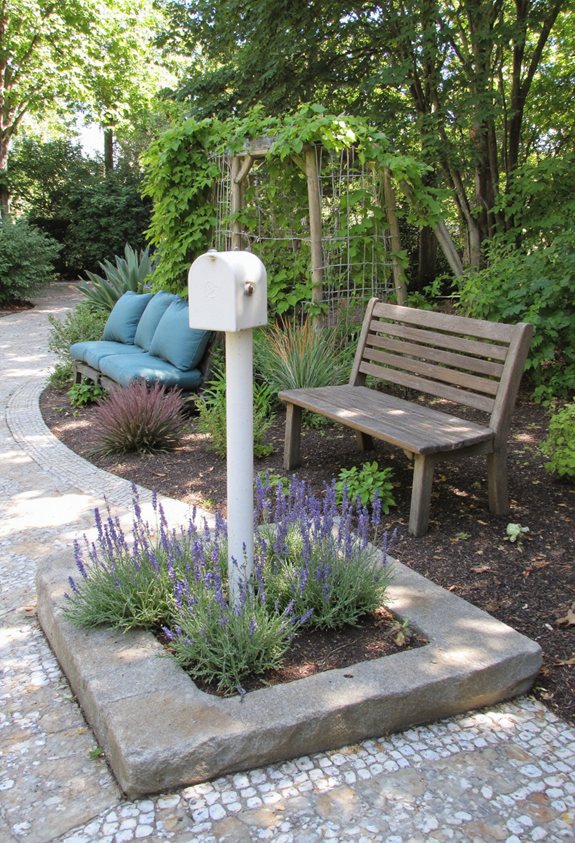 compact bench beside mailbox