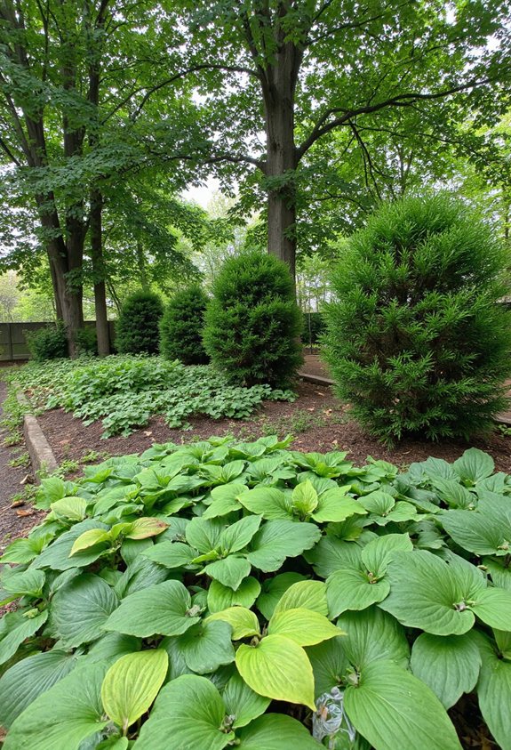 evergreen framed hostas highlighted
