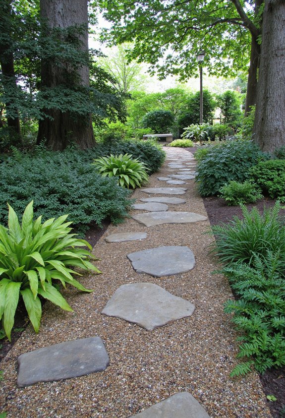 hostas edged stone pathway