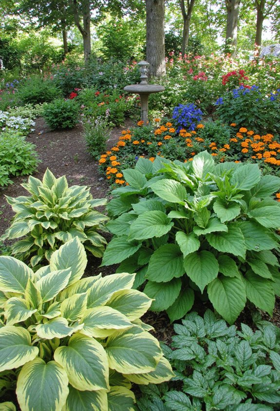 hostas paired with seasonal annuals