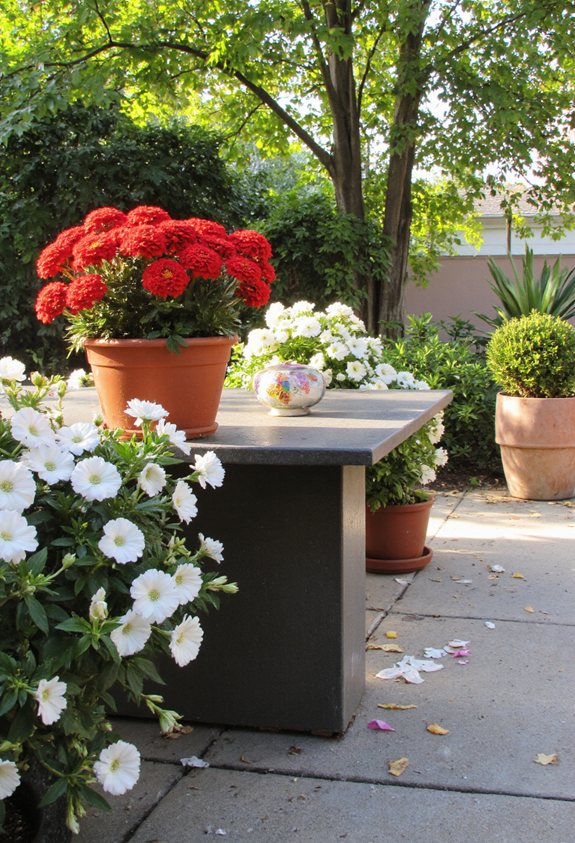 red zinnias white petunias