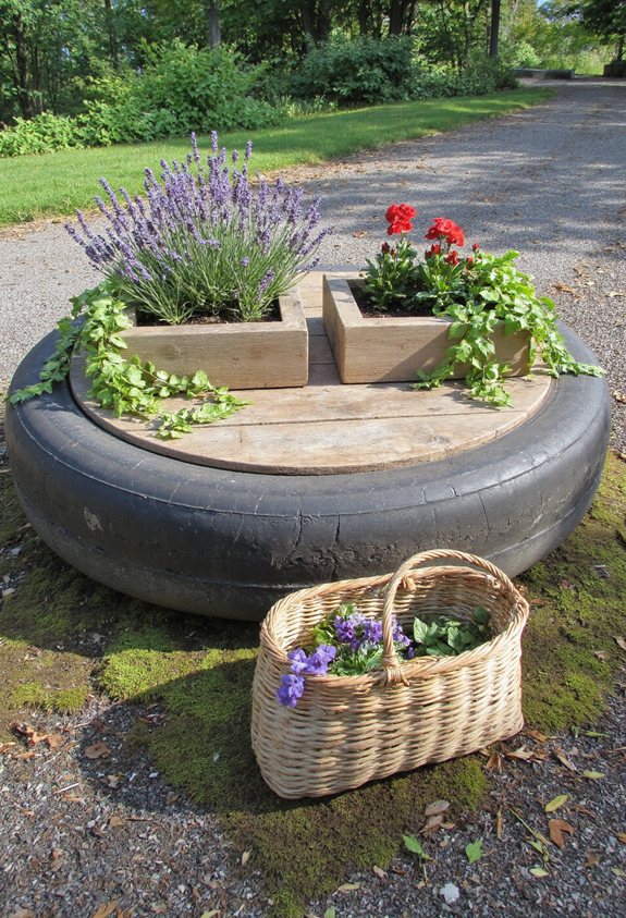 rustic tire bench with flower boxes