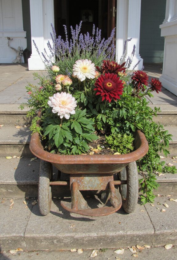 rustic wheelbarrow flower bed