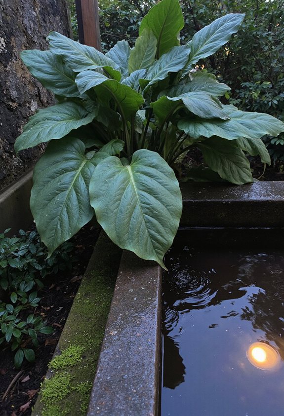 shimmering pond accentuates hostas