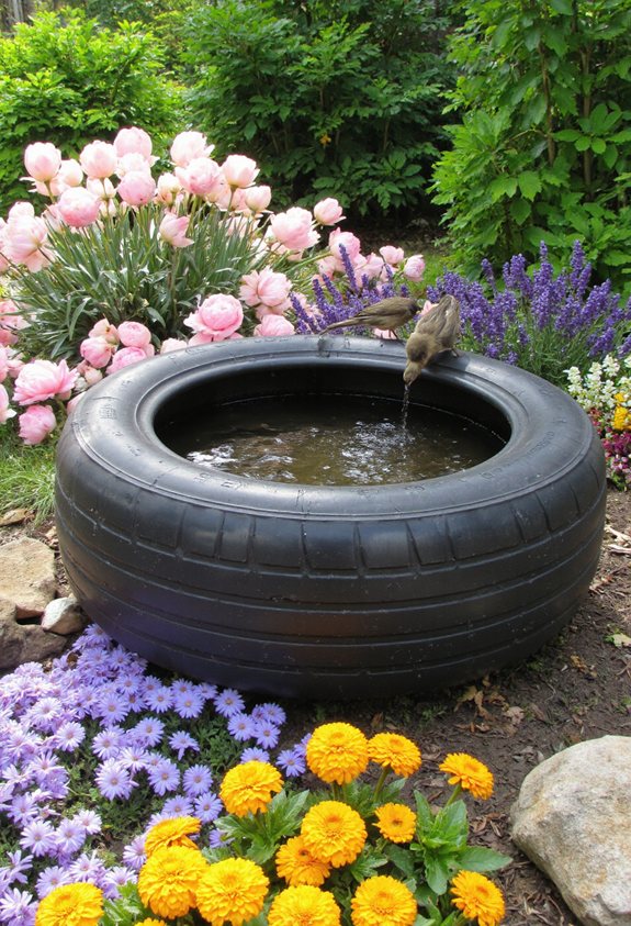 tire bird bath surrounded by flowers