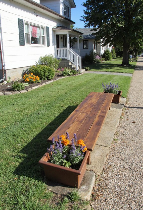 reclaimed wood bench with planters