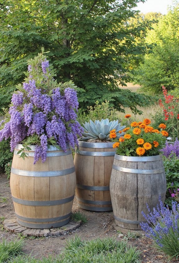 upcycled barrel garden displays