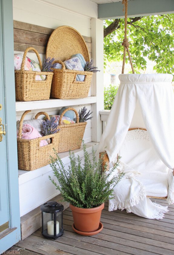woven baskets enhance porch