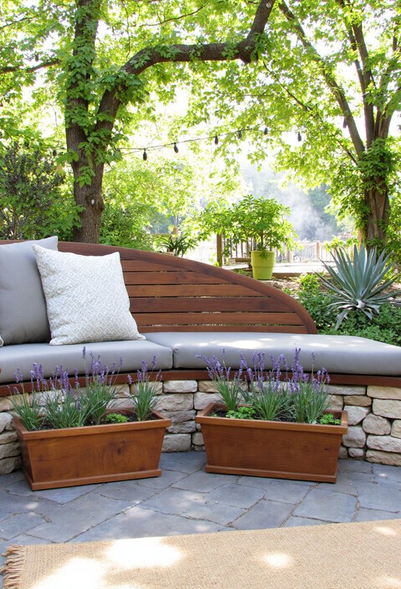 curved bench with planters