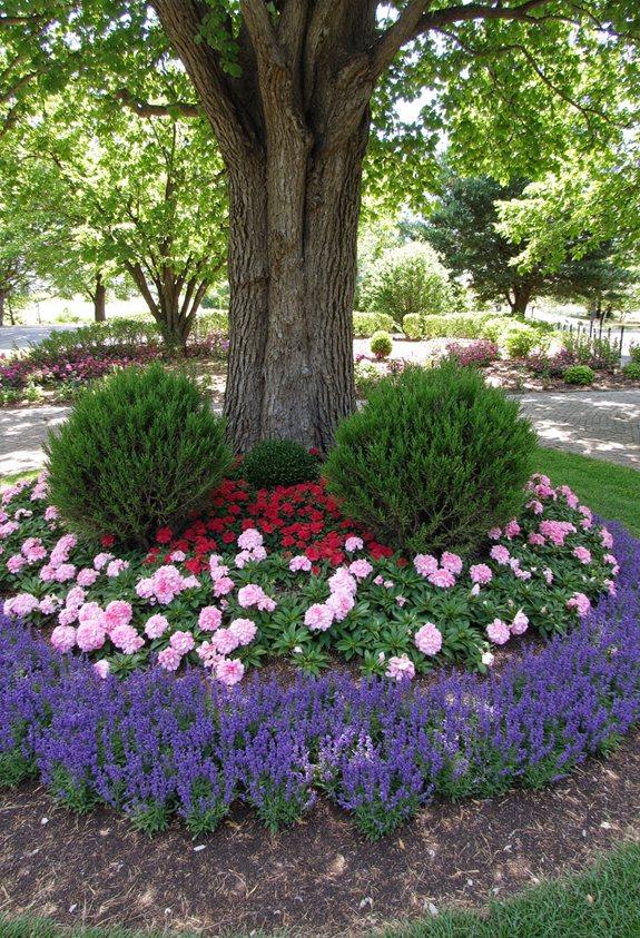 evergreen shrubs frame trees